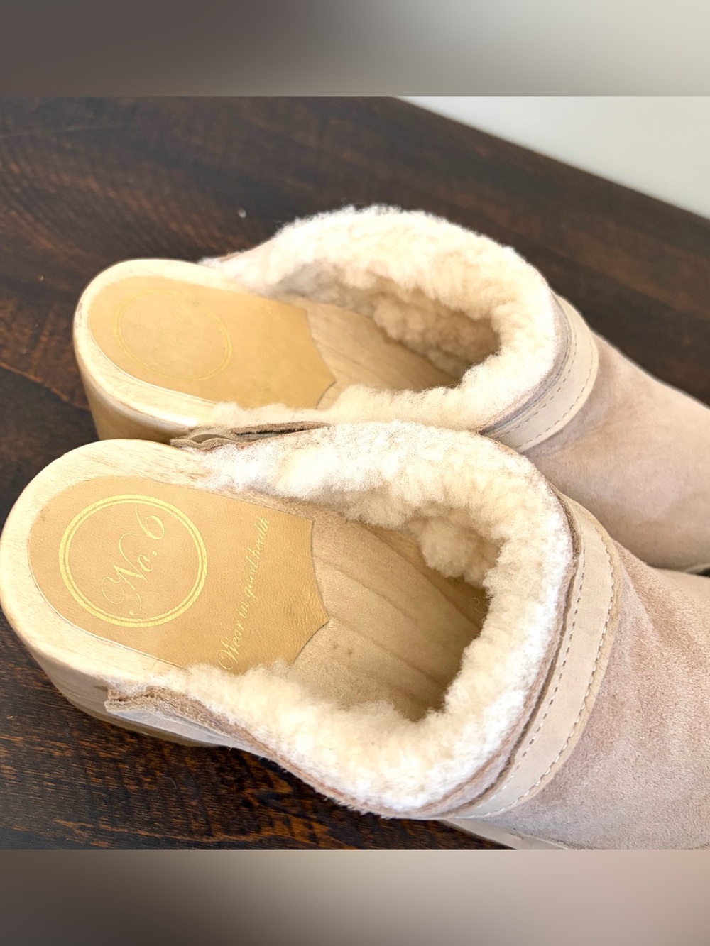 No. 6 Dakota Shearling Clogs Mid Heel Fawn Suede - Picture 8 of 13